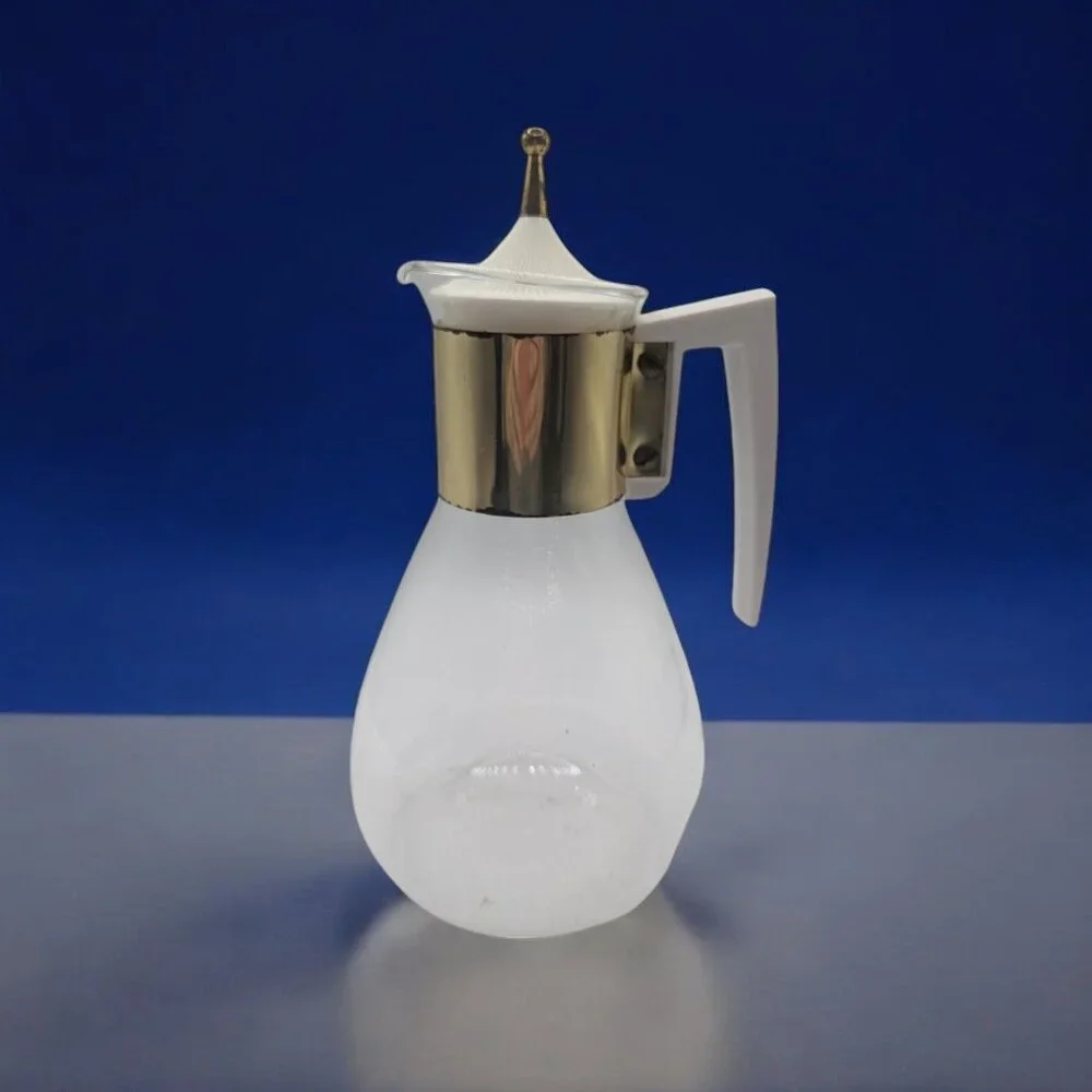 Vtg Clear Glass MCM Coffee Carafe Gold Neck Band Mid Century